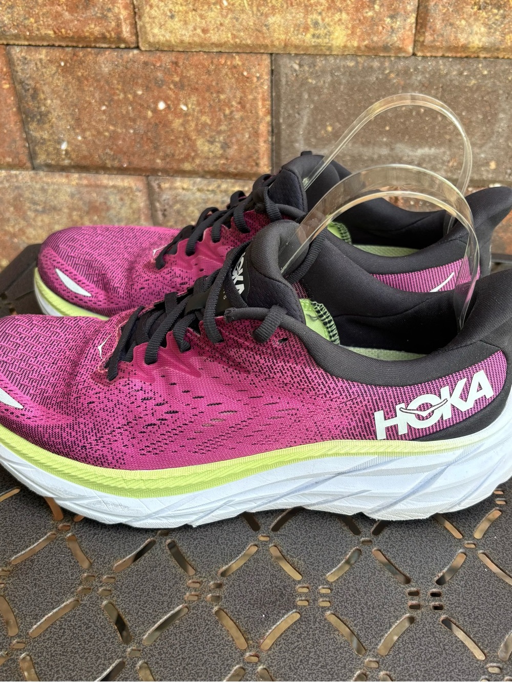Hoka Clifton 8 Women's Pink and Black Running Shoes with Lime Accent - Picture 4 of 10